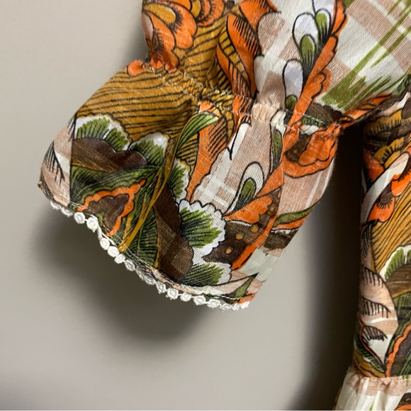 Vintage 70s Orange & Brown Floral Ruffle Neck Maxi Dress Approx Women XS - Picture 4 of 16